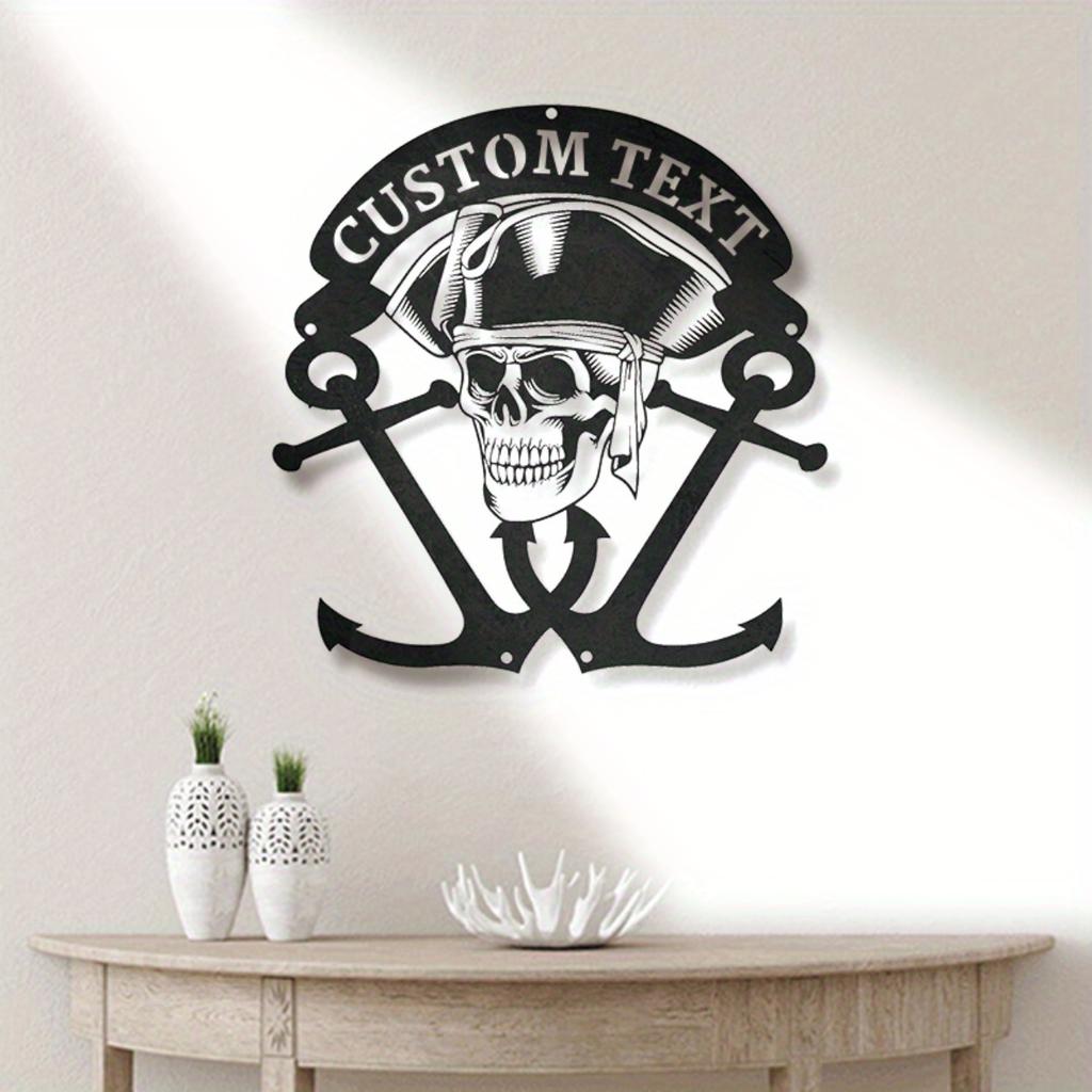 Custom Pirate Skull Anchor Metal Wall Art, Nautical Home Decor Personalized Family Sign