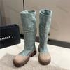 Women Blue Denim Thigh High Boots Thick Heels Simple Thick High Heels Autumn Winter New Fashion Platform Knee High Knight Boots