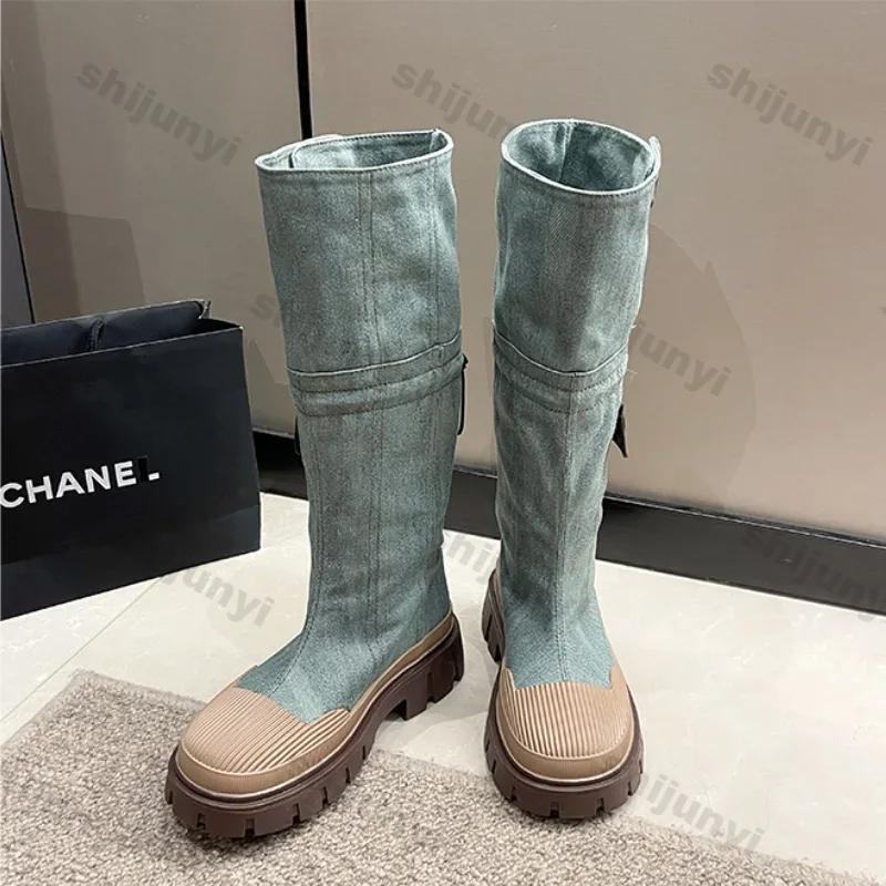Women Blue Denim Thigh High Boots Thick Heels Simple Thick High Heels Autumn Winter New Fashion Platform Knee High Knight Boots