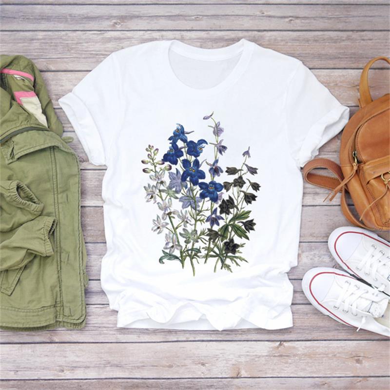 Casual Flower Graphics Women's T-Shirt 90S Summer Blouse Short Sleeves Tees Loose White O-Neck Shirts Female Tops Kpop Clothing