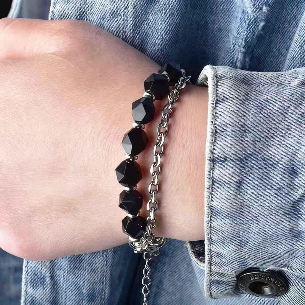 Stainless Steel Black Agate Men's Bracelet - New Chinese Style Jewelry