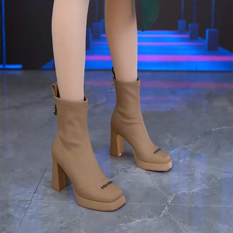 

Brown square head high-heeled short boots women s autumn and winter new thick-heeled fashion boots waterproof platform thick-soled temperament ve Quality assurance 48 days