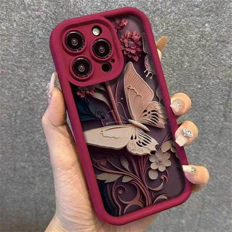 Butterfly Maroon Soft Silicone Grooved Cover For iPhone 15 14 13 12 11 16 Pro Max XS X 7 8 Plus Anti-Fall Protective Phone Case