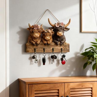 Wooden Cow Key Holder Highland Cow Ornaments Key Holder Wall Mounted Rustic 4 Hooks Cow Wall Decorative Rack Decorative Hooks