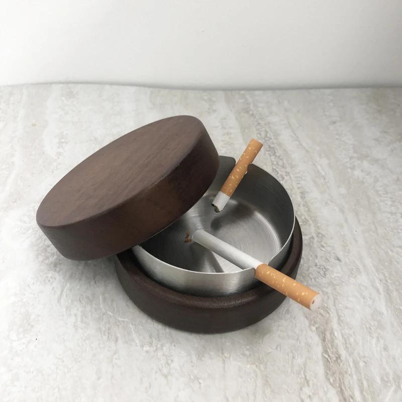 New Handmade Walnut Wood Anti-fly Ash Ashtray Portable with Cover Anti-slip Ash Tray for Home Heat Resistant Smoking Accessories