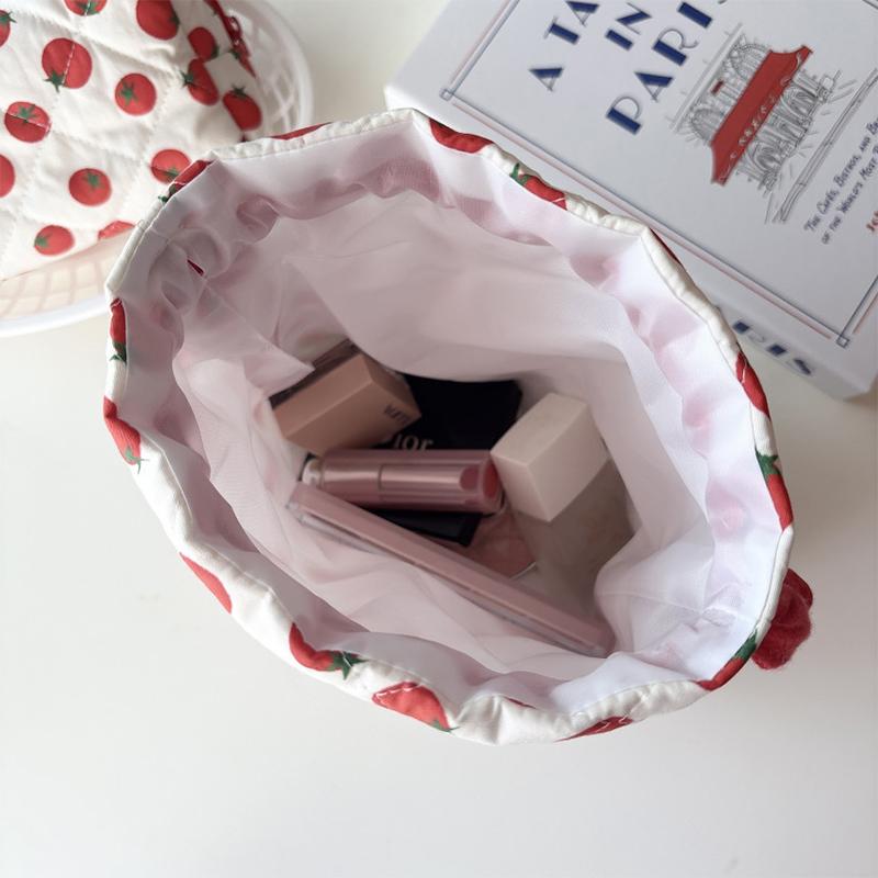 New Drawstring Makeup Bags Cute Tomato Pattern Plaid Storage Bags Creative Patchwork Soft Small Bags Stylish Simple Women's Bags