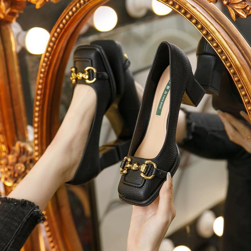 Fashion Women High Heels Sandals Fashion Back Empty Female Pumps Thick Heel Square Toe Mary Jane Shoe Plus Size 43 Zapatillas De Mujer