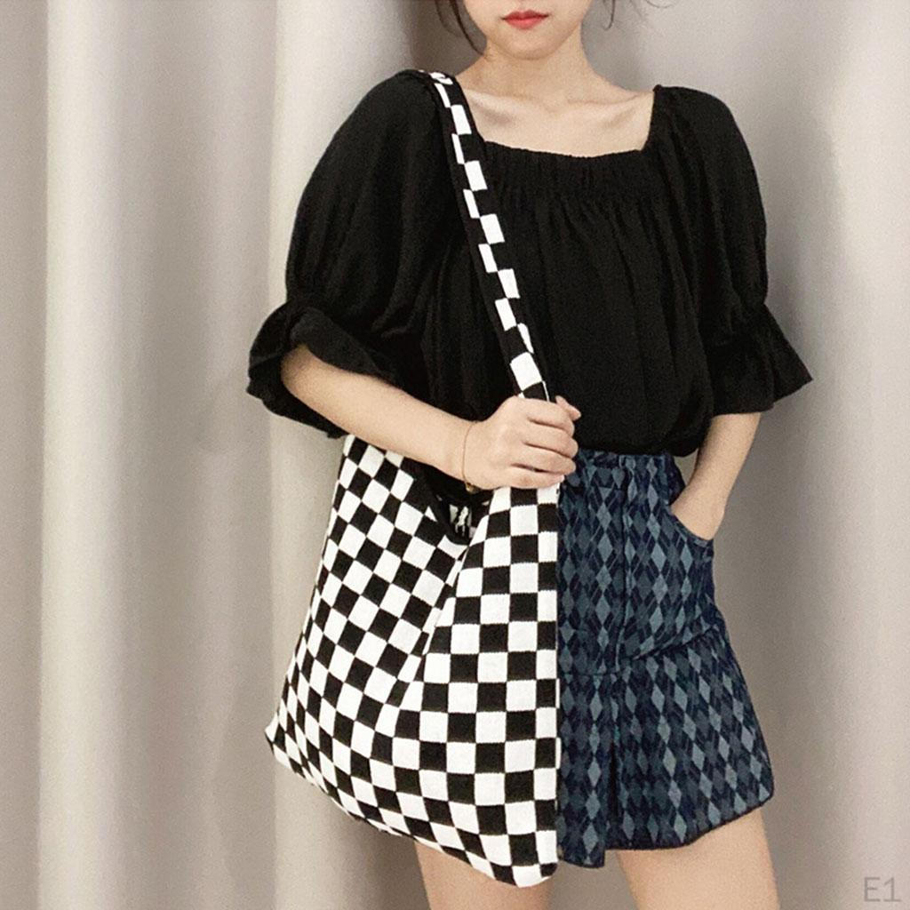 Casual Tote Shopping Bag Large Capacity Chic Checkerboard Pattern Women Knitted Shoulder Handbag