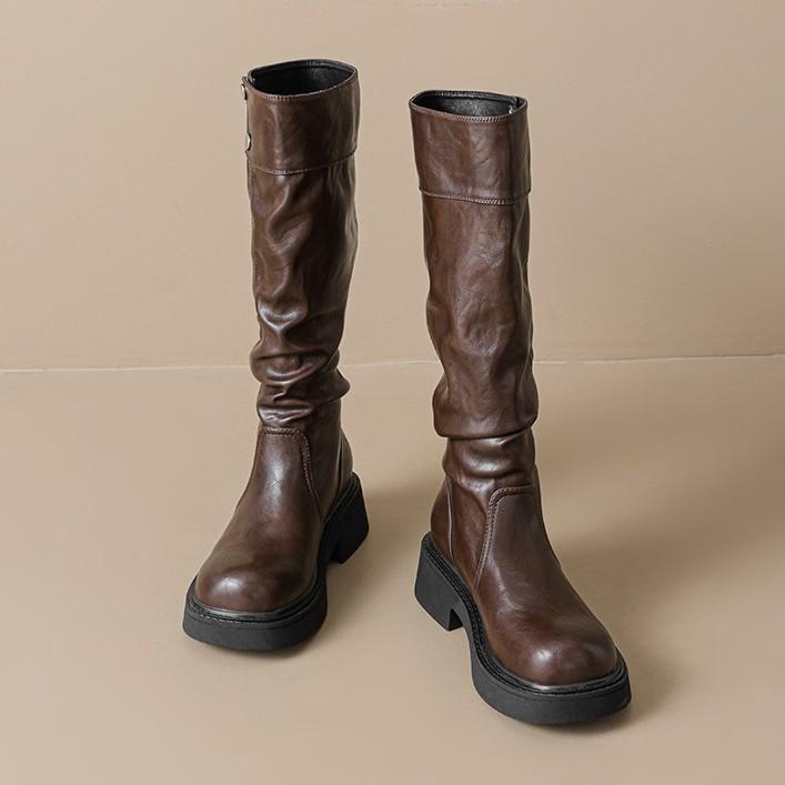 Cowhide version~ French retro 5cm height increase~ three-dimensional round head thick sole thick heel snap button knight boots women's autumn and