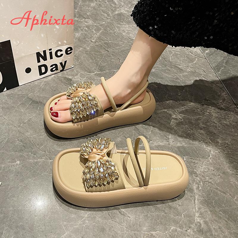 Fashion Aphixta New Crystal Butterfly Knot Modern Slipper Narrow Straps Sandals Shoes Thick Heel Summer Beach Slides sandalias de mujer