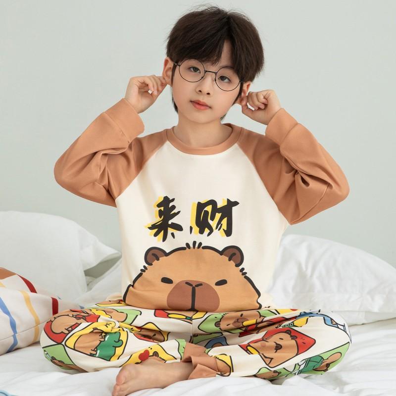Boys Cotton Pajama Set Long Sleeve Cartoon Print Sleepwear Kids Teens Home Wear