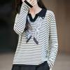 Women's French Polo Collar Knit Shirt with Scarf, Color Block Long Sleeve Autumn Sweater