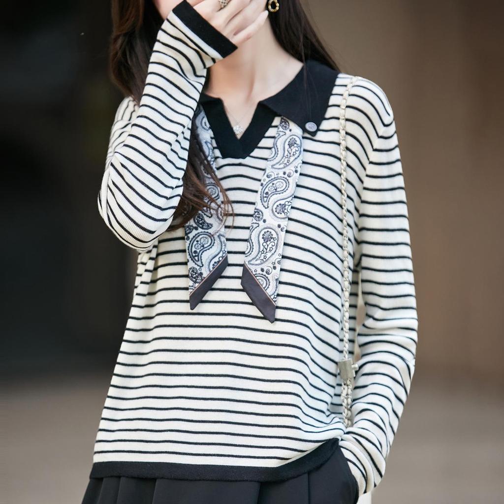 Women's French Polo Collar Knit Shirt with Scarf, Color Block Long Sleeve Autumn Sweater