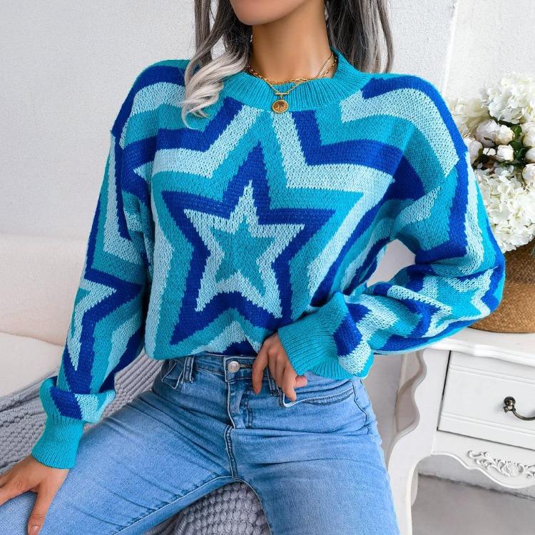 Autumn Winter Women Sweater Knitted Pullover Tops Long Sleeve O Neck Contrast Star Pattern S синий 2290₽
