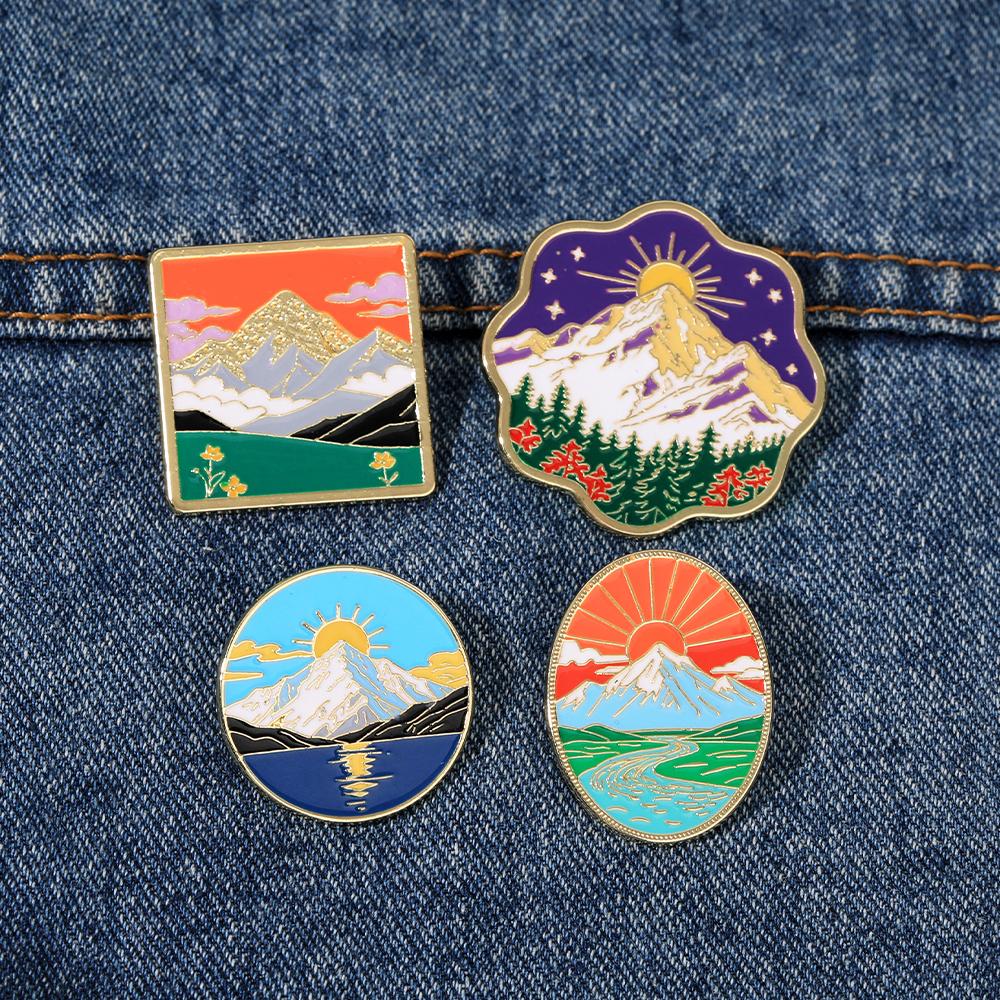 Funny Outdoor Sunrise Design Enamel Brooches Forest, River, Grassland, Ocean Sunshine Pattern Golden Pins