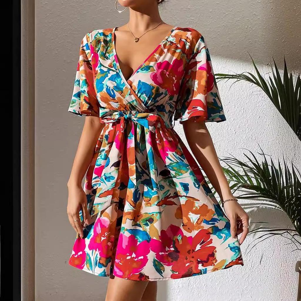 2025 Summer Floral Print Cross-Neck Tie-Waist Dress for Women