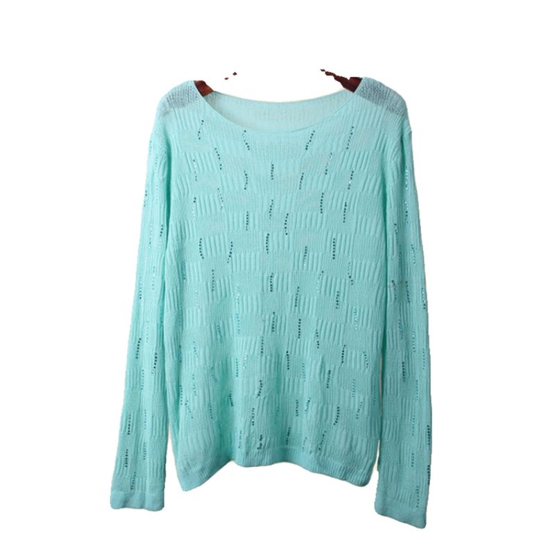 Off-Neck Hot Drilling Ice Silk Long Sleeve Knitwear Summer Coat Loose Version Cut Out Sun Protective Blouse