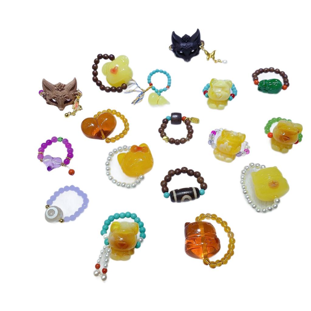 Second Gen Turquoise Amber Ring: Nine-Tailed Fox & Little Bear Wealth-Attracting Trendy Fashion Jewelry