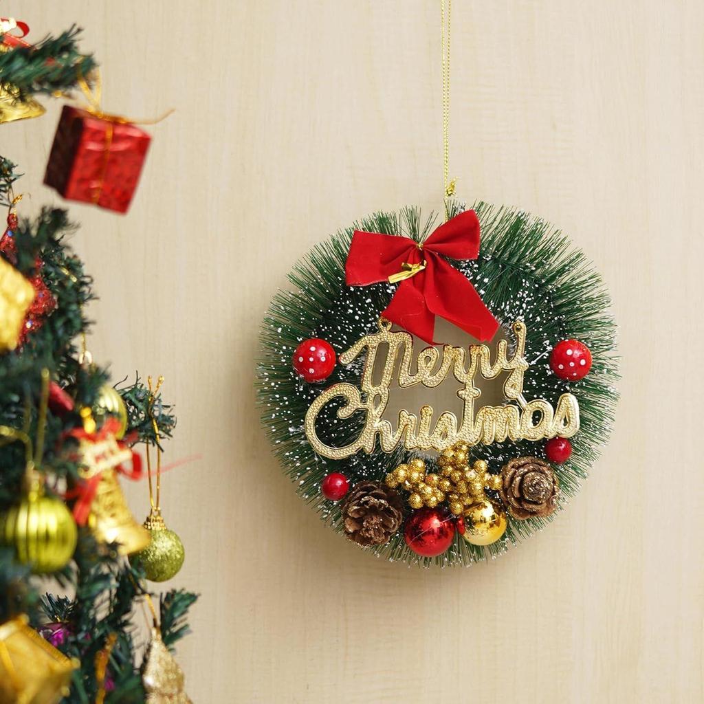 Green Merry Christmas Wreath for Front Door with Red Berries Balls Flowers Ribbon | Garland for Christmas | Xmas Gifts Ornaments Props