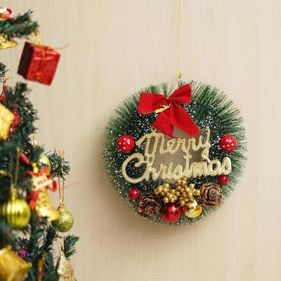 Green Merry Christmas Wreath for Front Door with Red Berries Balls Flowers Ribbon | Garland for Christmas | Xmas Gifts Ornaments Props