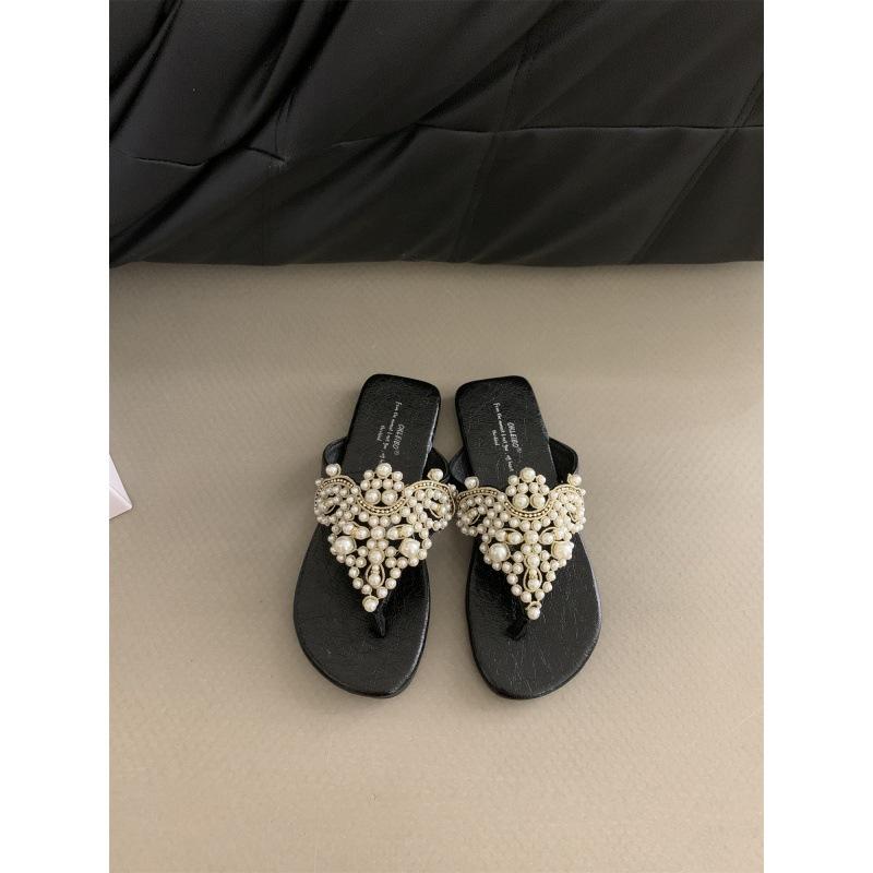 2025 spring and autumn new pearl rhinestones wave wind toe sandals women's flat bottom outside fairy style French