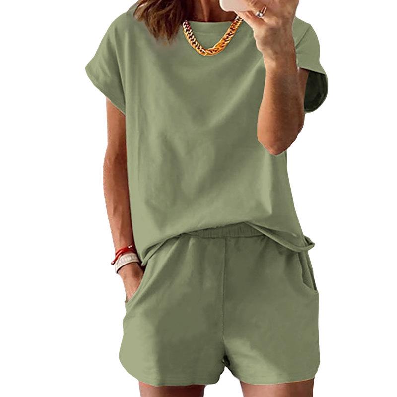 2026 European & American Women's Summer Two-Piece Set: Round Neck Short Sleeve Top & Shorts