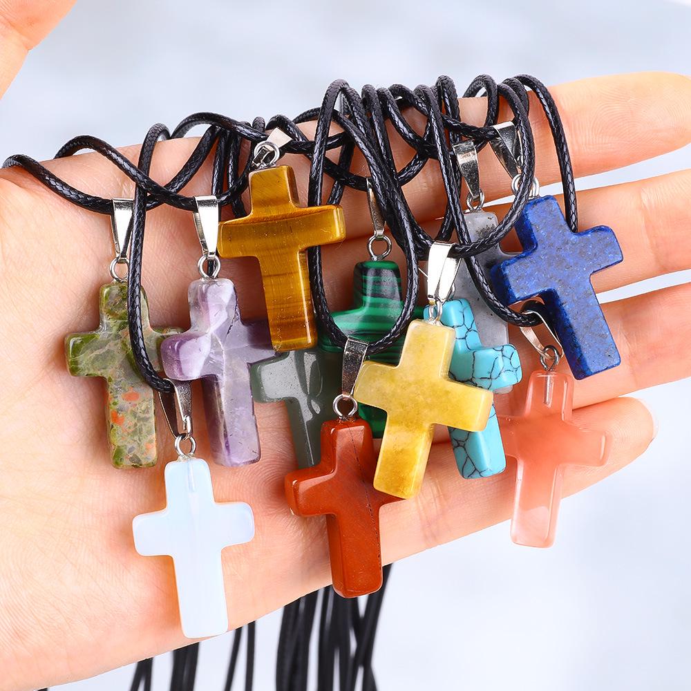 Natürlicher Edelstein Kreuz Anhänger Halskette, 18x25mm Kristallachat, DIY Schmuck Zubehör