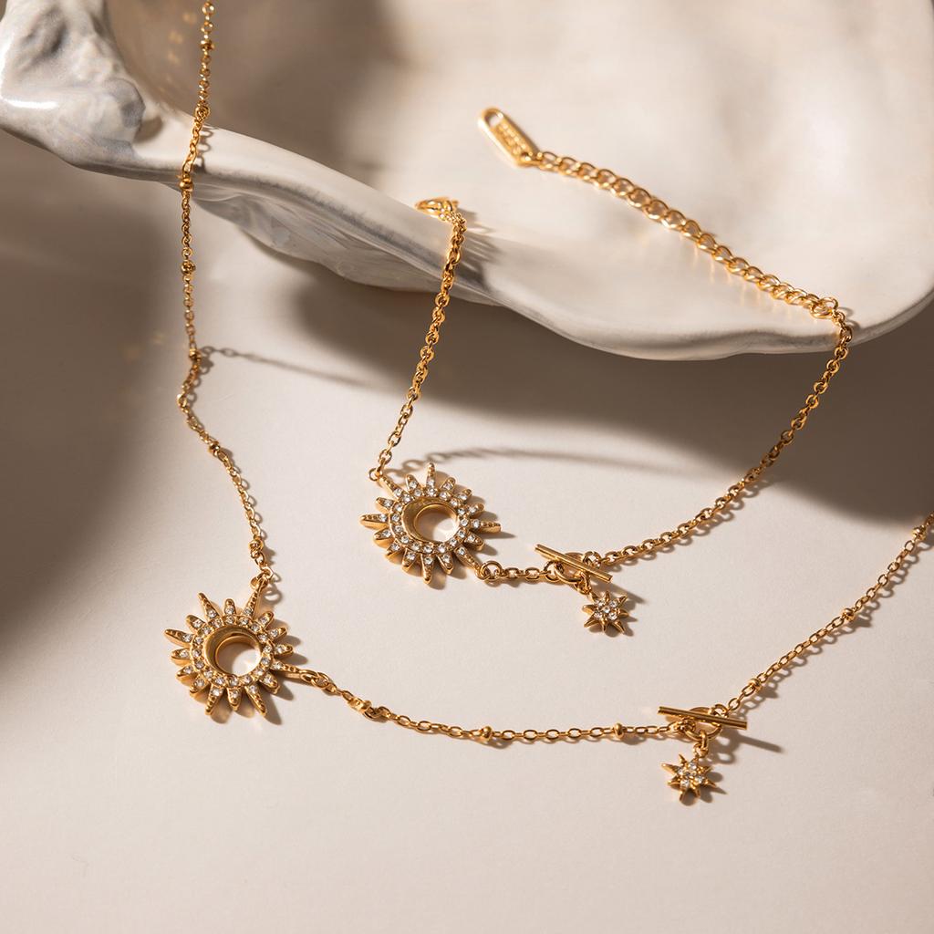 J&D Jewelry Celestial Sun Moon Star Charm Bracelet 18K Gold Plated Stainless Steel Rhinestone O Chain for Women