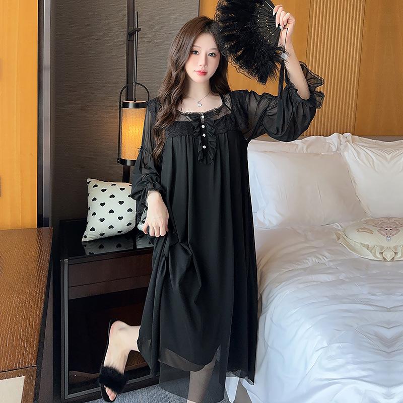 Ling Lei Chunqiu Solid Color Square Neck Lace Long Sleeve Mesh Court Princess Style Medium Long Pajamas Pajamas Homewear