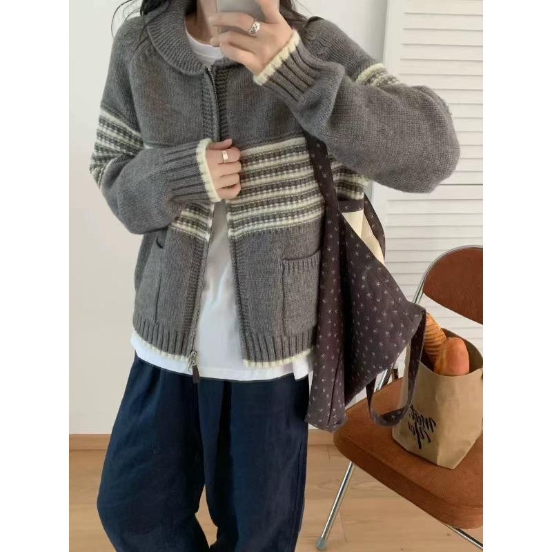 Contrasting Color Striped Lapel Sweater Jacket Women's Autumn and Winter New Lazy Style Loose Thickened Knitted Cardigan Top