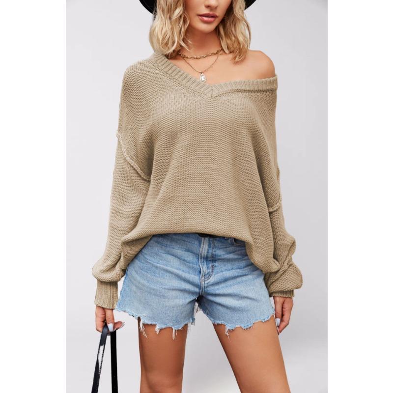 

New autumn and winter hot sale V-neck loose large size pullover solid color sweater women XL хаки