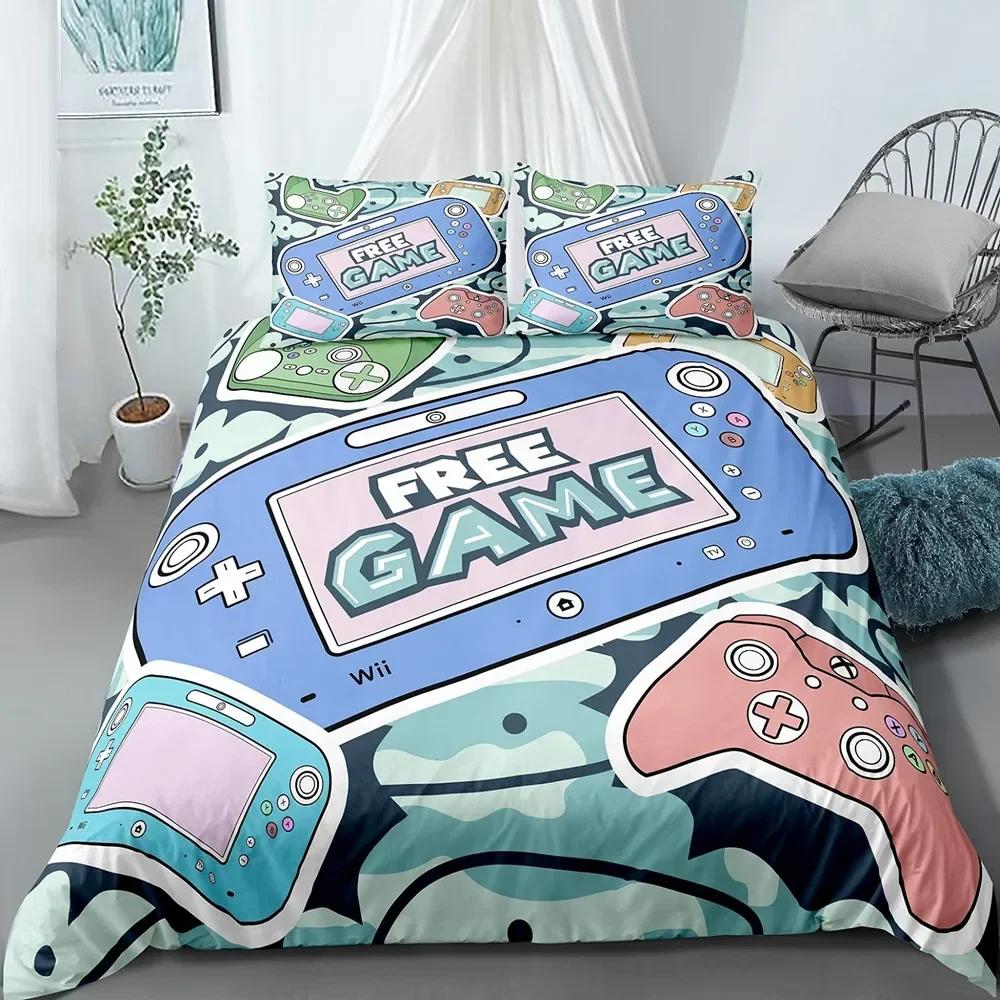 Gaming Bettbezug Set Gamer Zimmer Deko für Jungen Kinder Teenager Videospiele Einzelbettwäsche Set Mikrofaser Gamepad Let's Play Bettdeckenbezug