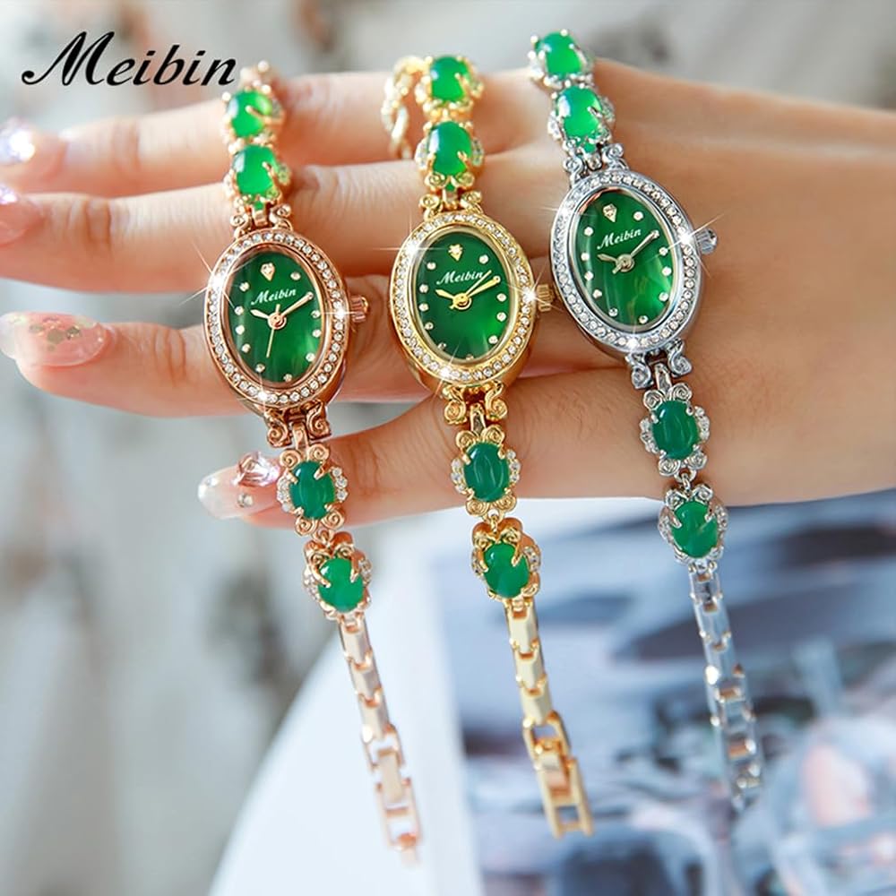 "Elegant Women's Bracelet Watch Green Crystal Waterproof Quartz Simple Rose Gold"