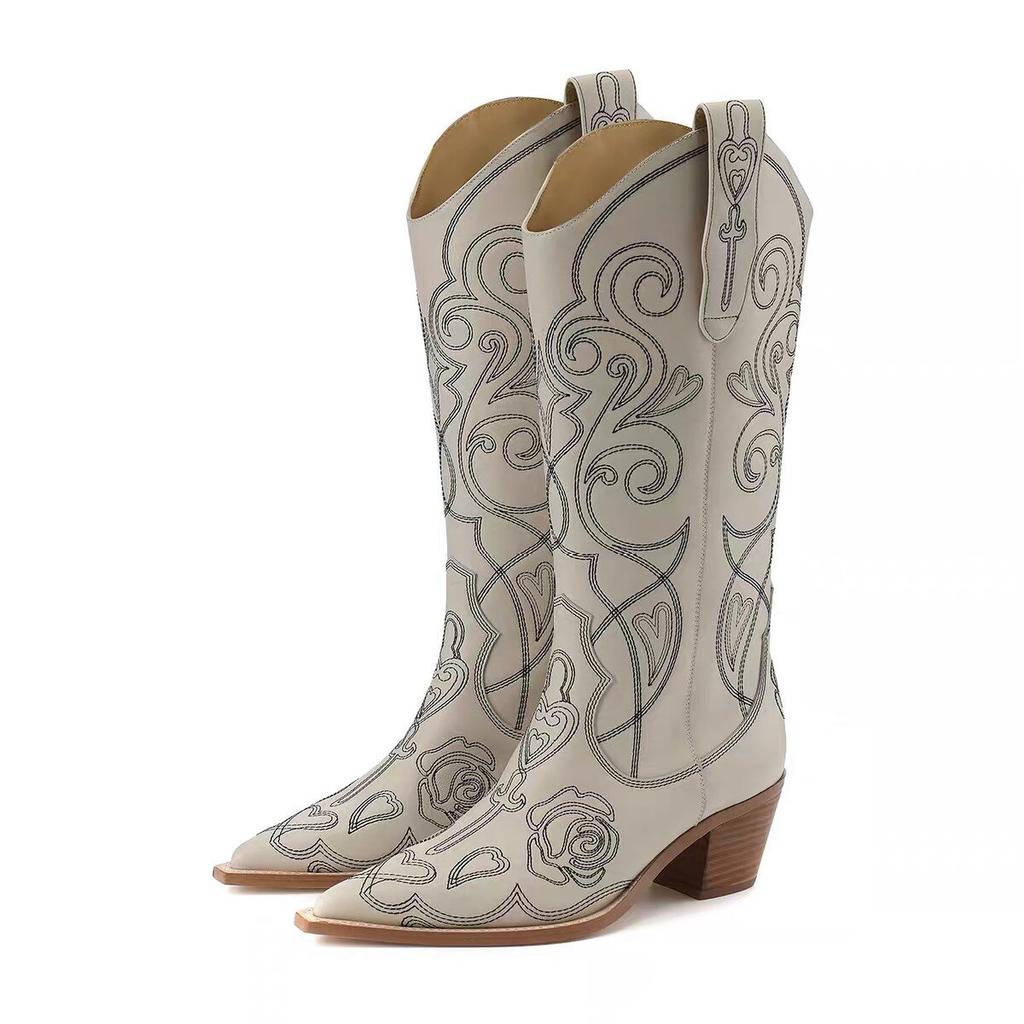 Pointed embroidered western cowboy boots women's spring and autumn new V-mouth but knee boots thick heel fashion knight boots