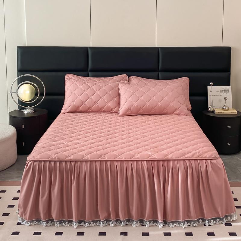 1pc Quilted Bed Skirt Solid Color Bed Cover Lace Style Bedspread Thickened Mattress Protector Roupa De Cama (No Pillowcase)