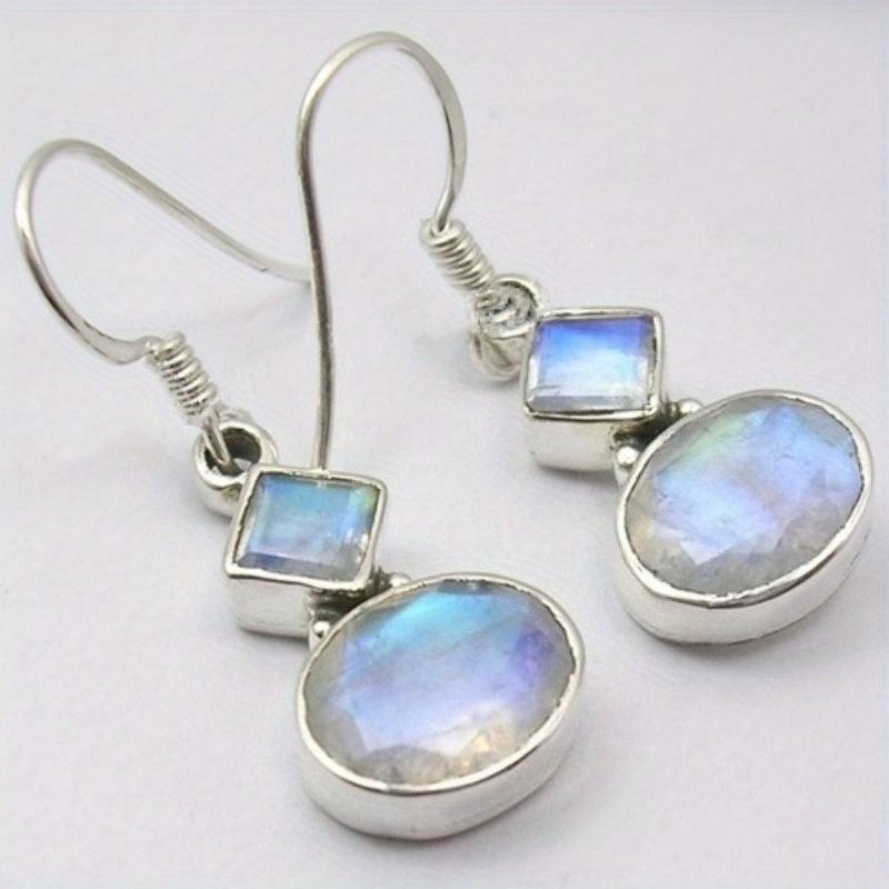 Concise Geometry Synthetic Moonlight Stone Dangle Earrings for Women's Elegant Exquisite Wedding Banquet Jewelry Pendant