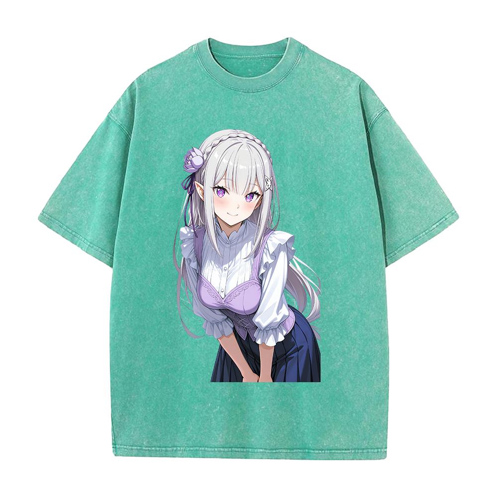 Emilia Re ZERO Starting Life In Another World Anime Clothing Men Women T-shirts Washed T Shirt Retro Cotton Tshirt Harajuku Tops