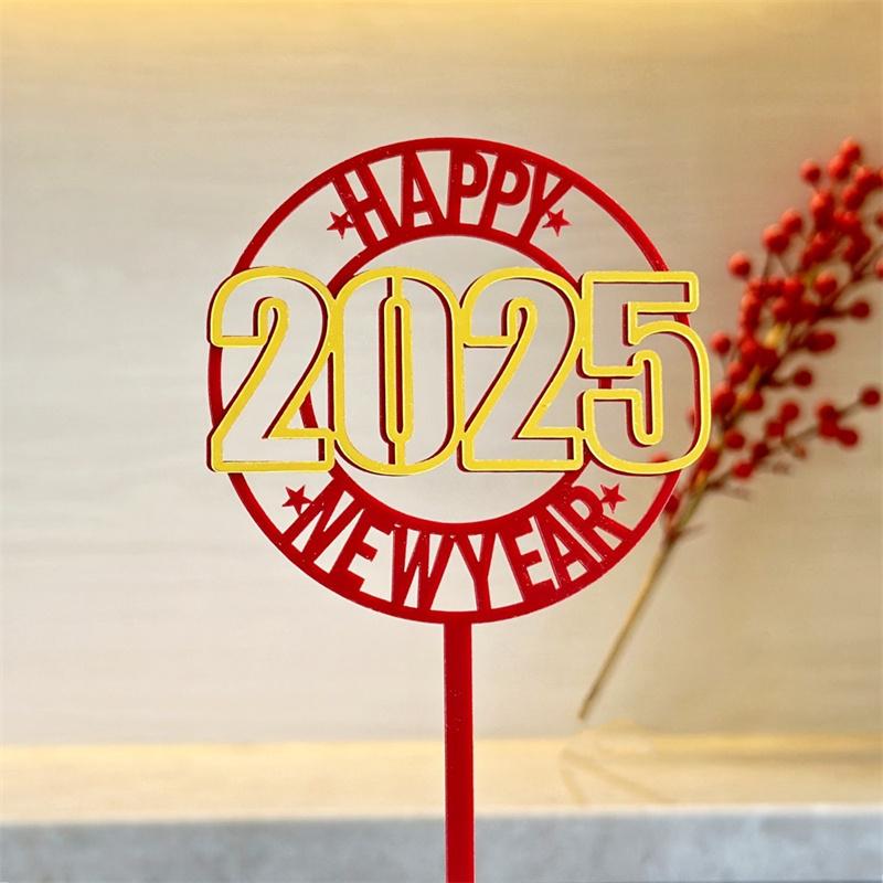 Happy New Year Acrylic Cake Toppers Star Pattern Gold Red Color DIY Cupcake Flags for 2025 New Year's Eve Party Cake Decoration