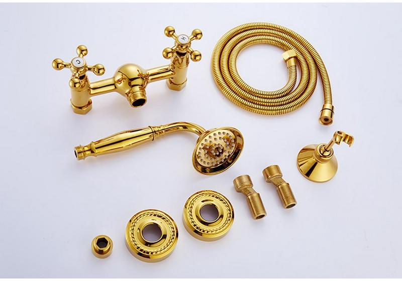 Gold-Plated Retro European Shower Set: Dual Handle Bathtub Faucet with Hot and Cold Mixer