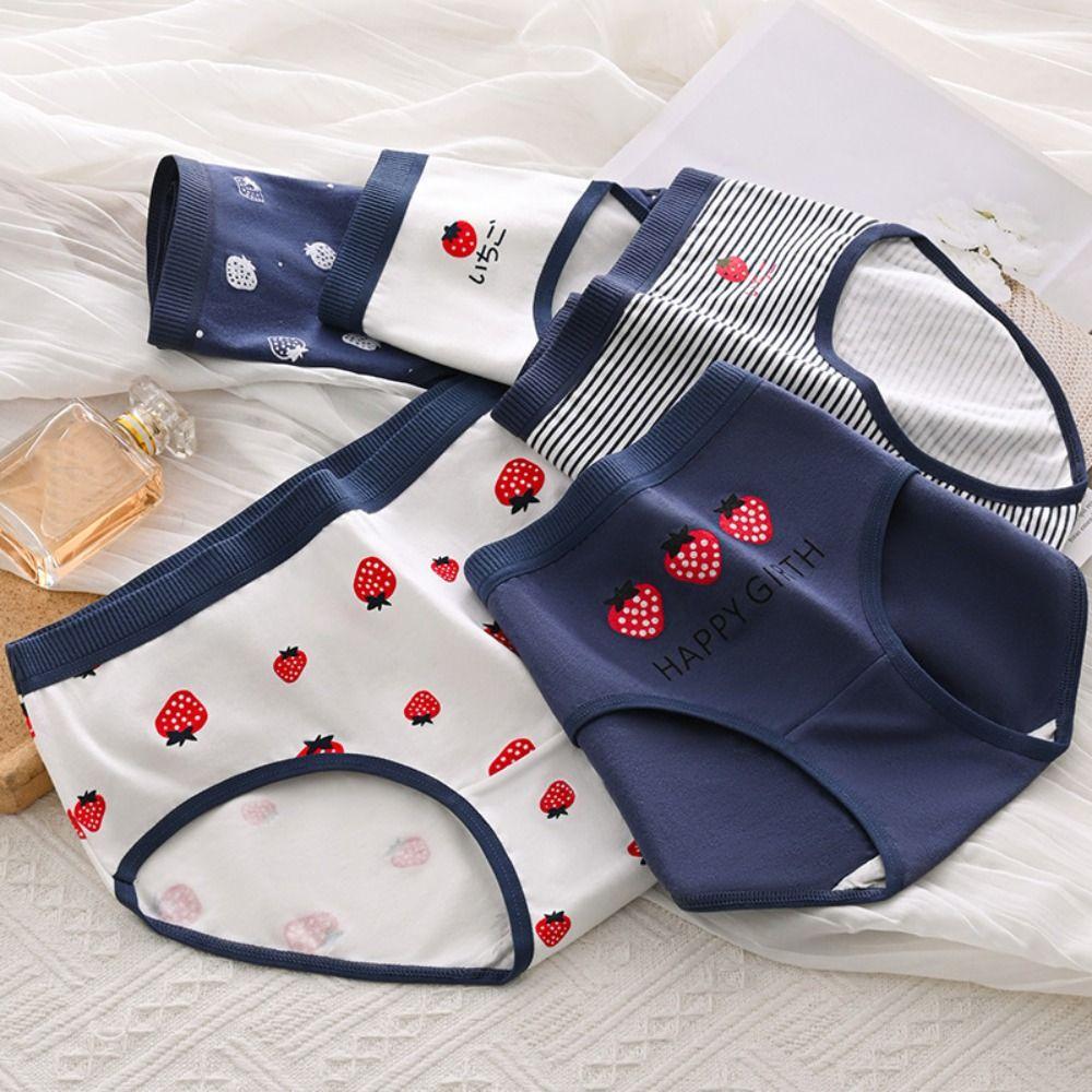 5PCS Bowknot Strawberry Briefs Stripes Women Underwear Elastic Love Heart Panties  Girls