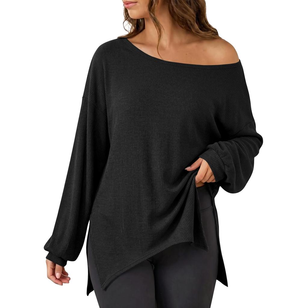 Women's Casual Long Sleeve Tunic Top Loose Fit Round Neck Side Slit T-Shirt Blouse