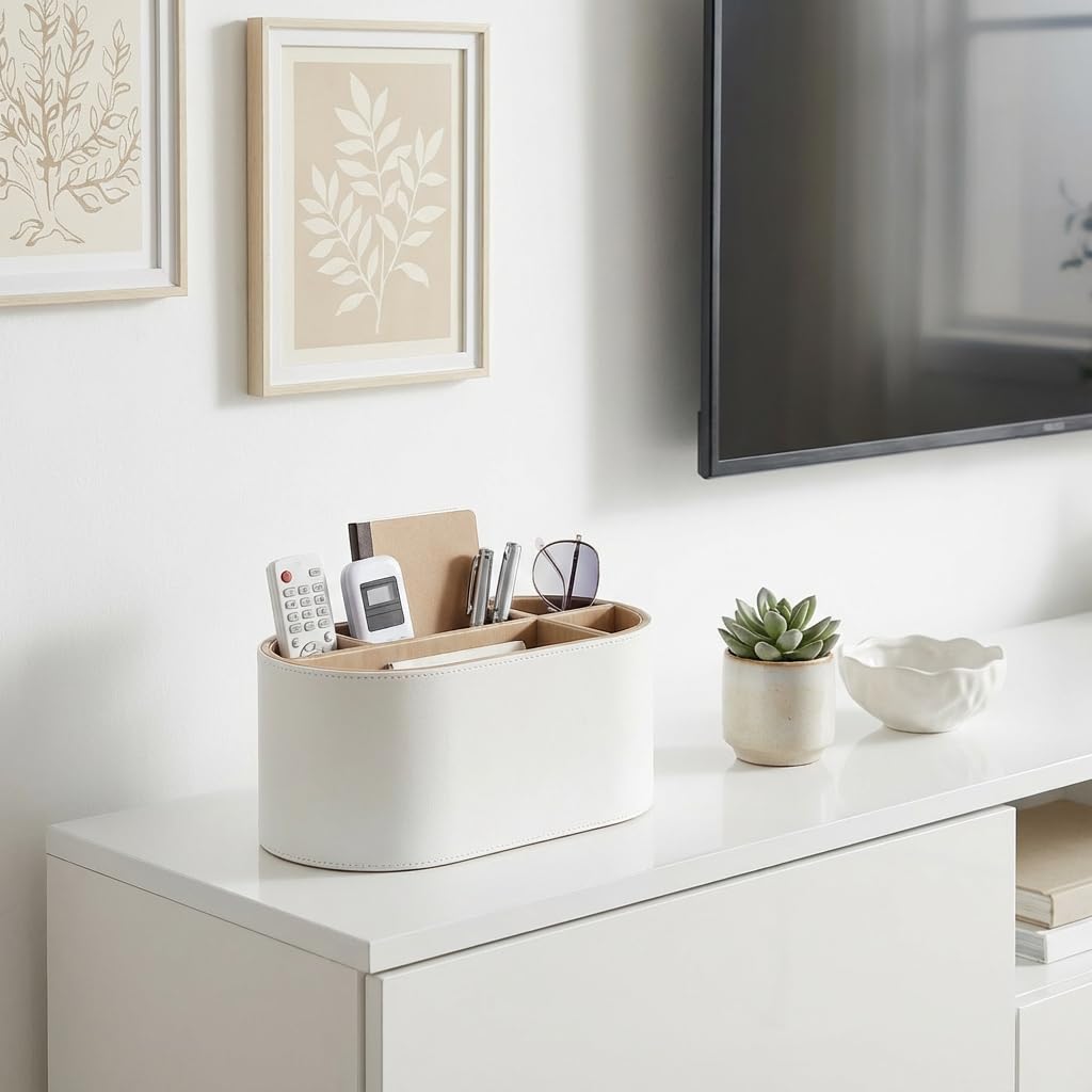 KINGFOM Multifunctional Desk Storage Box with Design for Pen Small and Remote Ideal for Office and Home Use Leather-Look [5 Compartments] Holders,