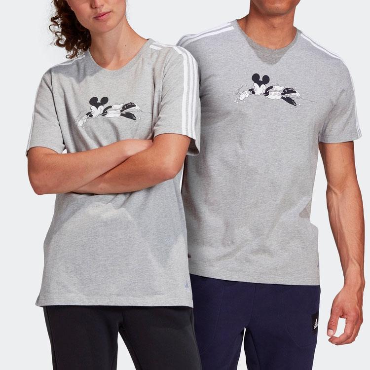 Adidas Disney Collaboration Cartoon Print Striped Crew Neck Short Sleeve T-Shirt Unisex Tops Gray GQ0906