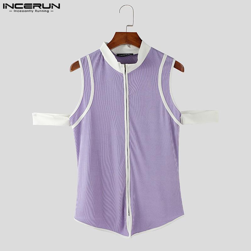 INCERUN Summer Men Cutout Sleeveless Stitching Zipper Up Casual Tank Tops T-shirts