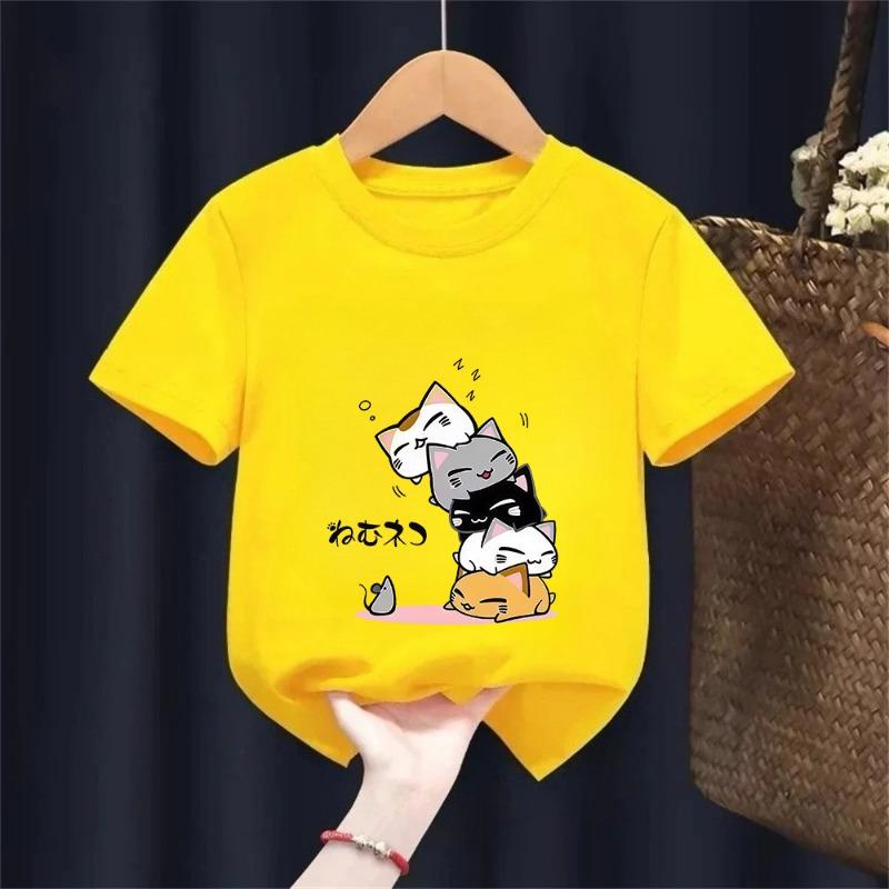 Cute Cat Graphic Kids Tshirts Summer Short Sleeve Tees Cartoon Animal Boys Girls Clothes Kawaii Kitten Tops Y2K Children T-shirt