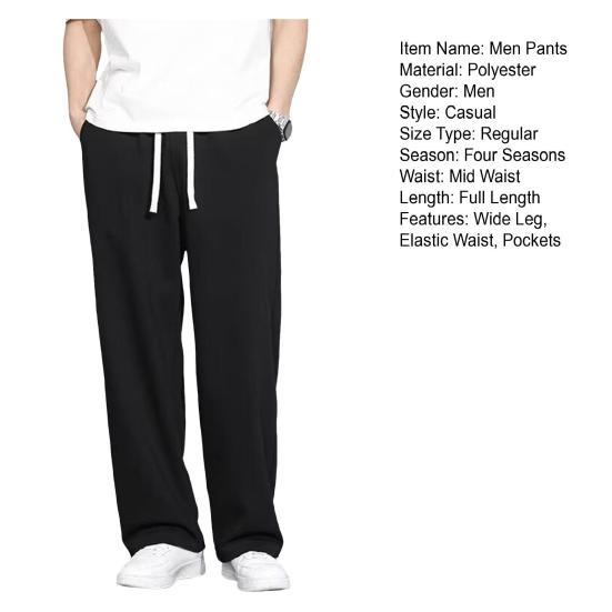 Men Cargo Pants Drawstring Elastic Waist Solid Color Thin Pockets Loose Straight Wide Leg Sport Trousers Daily Wear Casual Pants