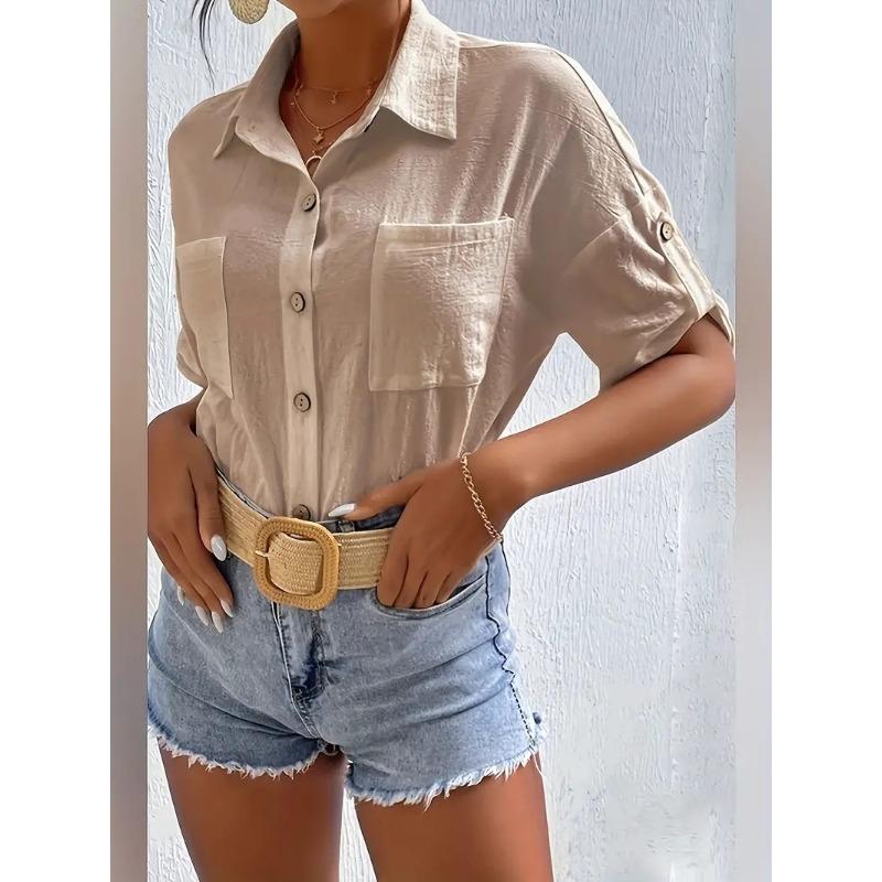 Women's Summer Cotton and Linen Shirt, Lapel Pockets, Loose Short-sleeved Solid Color Shirt Top