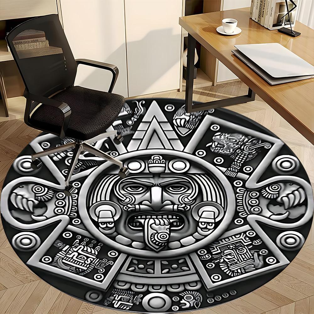 1pc Aztec Calendar Stone Office Round Area Rug, Under Office Chairs Bedroom Living Room Home Decor, Room Deco