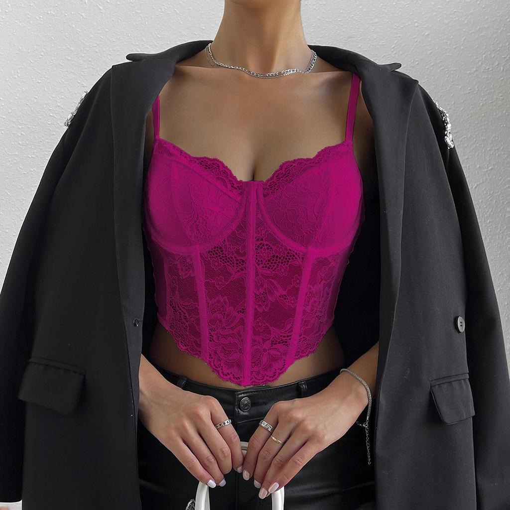 Sexy Lace Underwire Diamond Fishbone Crop Top - See-Through Bodycon Tank for Women