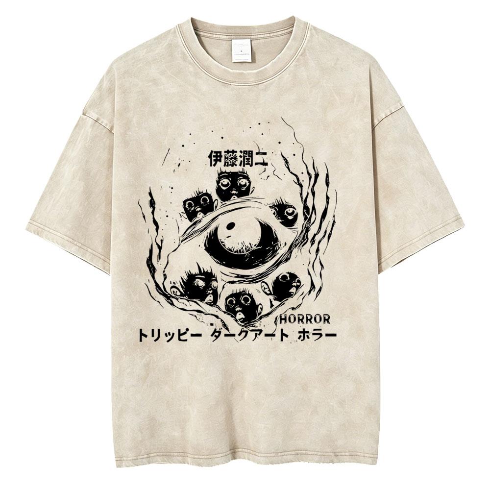 Unisex Washed Vintage Horror Anime Junji Ito Uzumaki Graphic T-shirt Men Women Manga Retro Oversized T Shirt Y2k Casual Cotton T-shirts